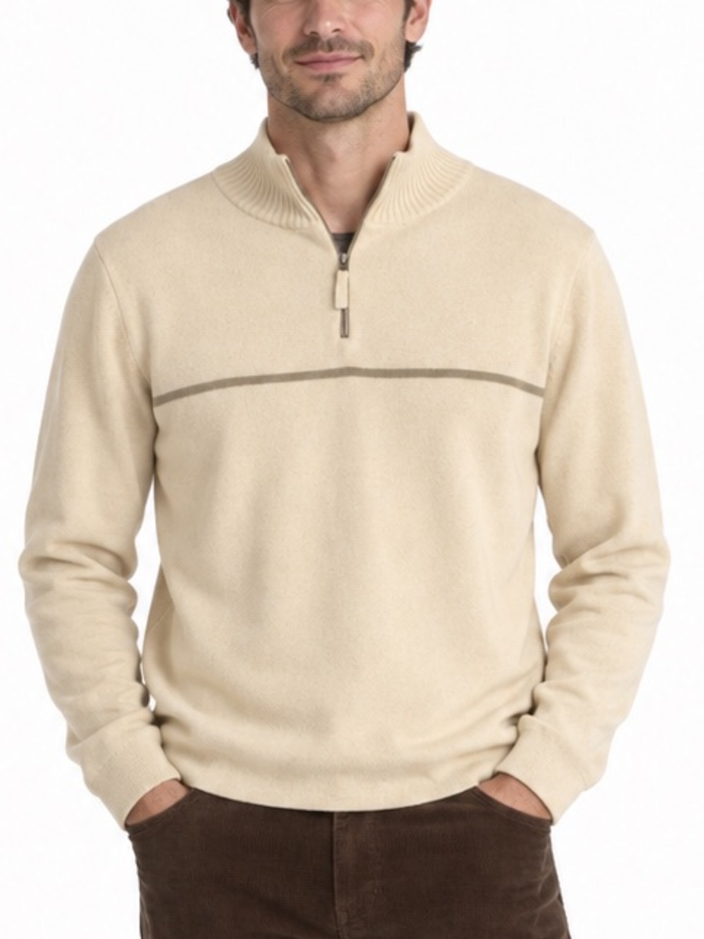 Reunion | Vintage 90s Quarter Zip Cream Sweater Gray Stripe Men’s Small